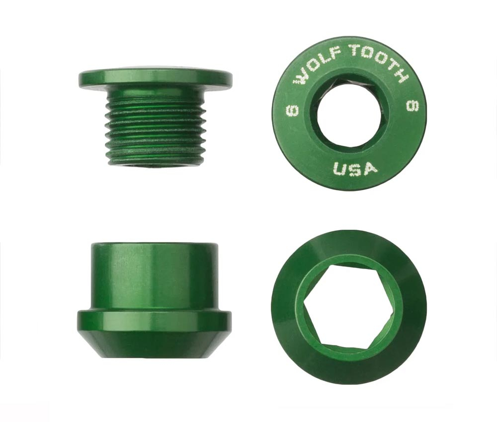 Wolf Tooth Kettenblattschrauben Set - M8x6mm 1-fach 4-Arm Aluminium Gruen 4 Wolf Tooth Kettenblattschrauben Set - M8x6mm 1-fach 4-Arm Aluminium Gruen – Bild 2